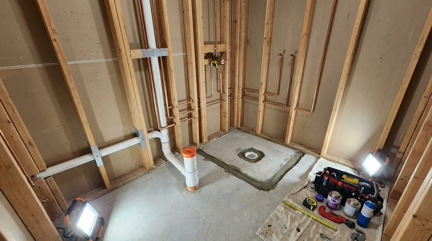 Bathroom rough-in plumbing during remodel by Johns Plumbing LLC in Heber Springs