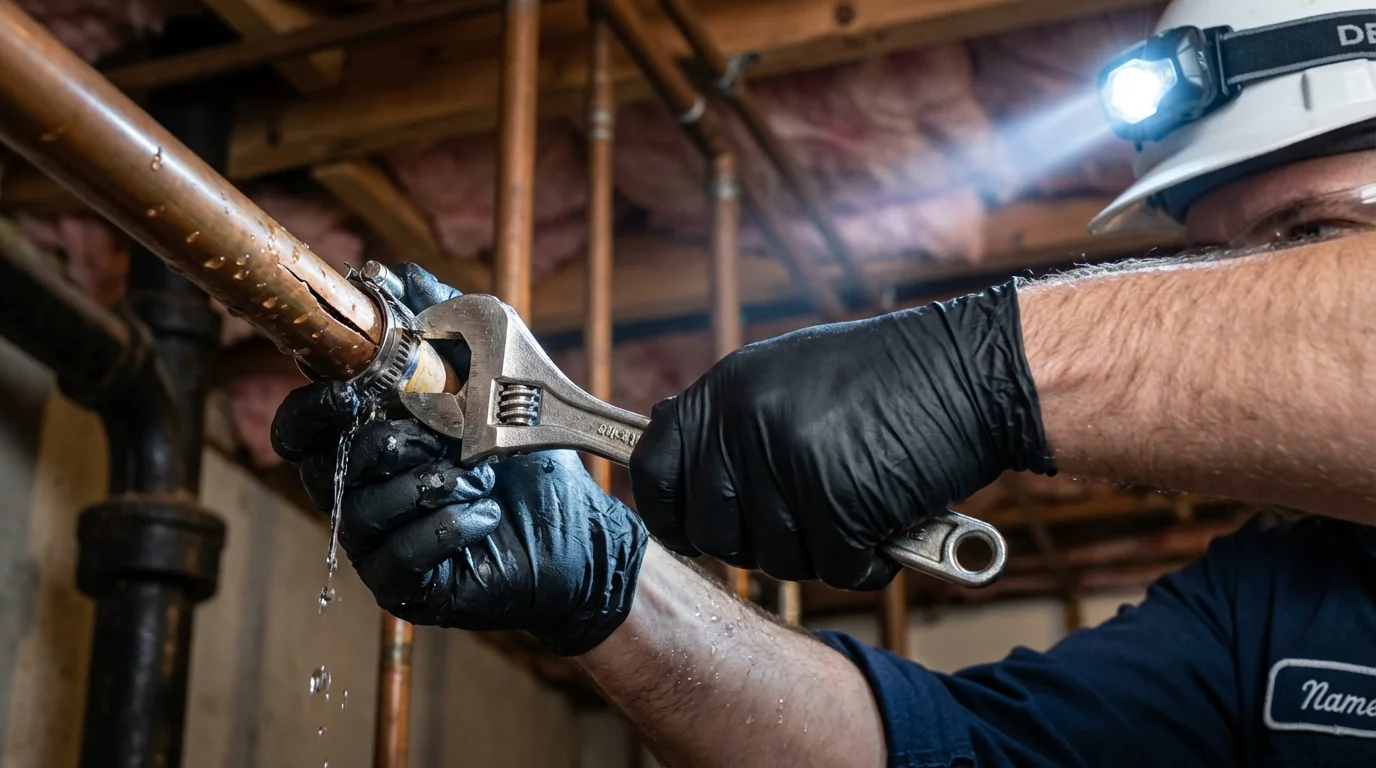 Emergency pipe clamp repair being performed by a Johns Plumbing LLC plumber in Heber Springs