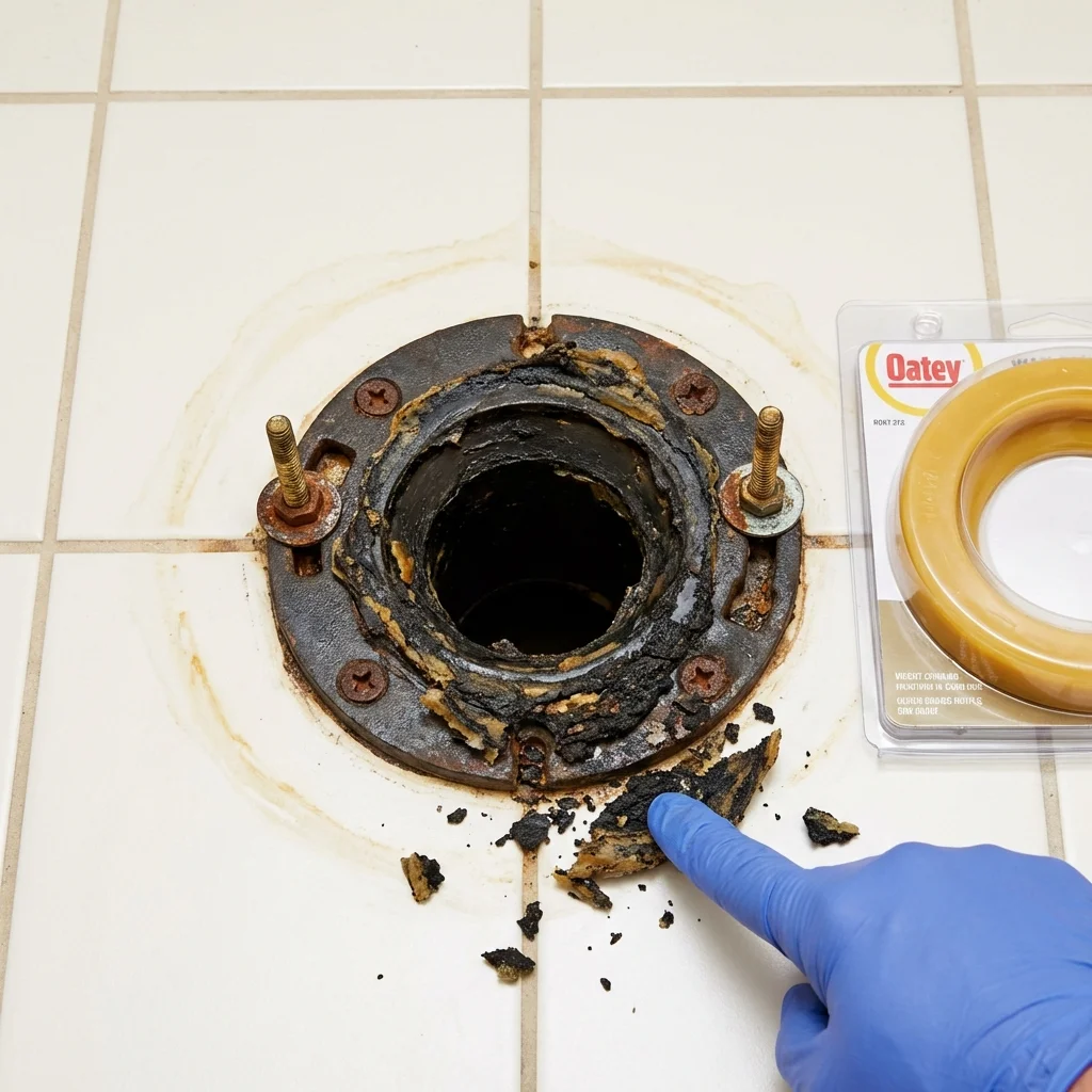 Failed wax ring showing water seepage at the base of a toilet in a Heber Springs, AR home