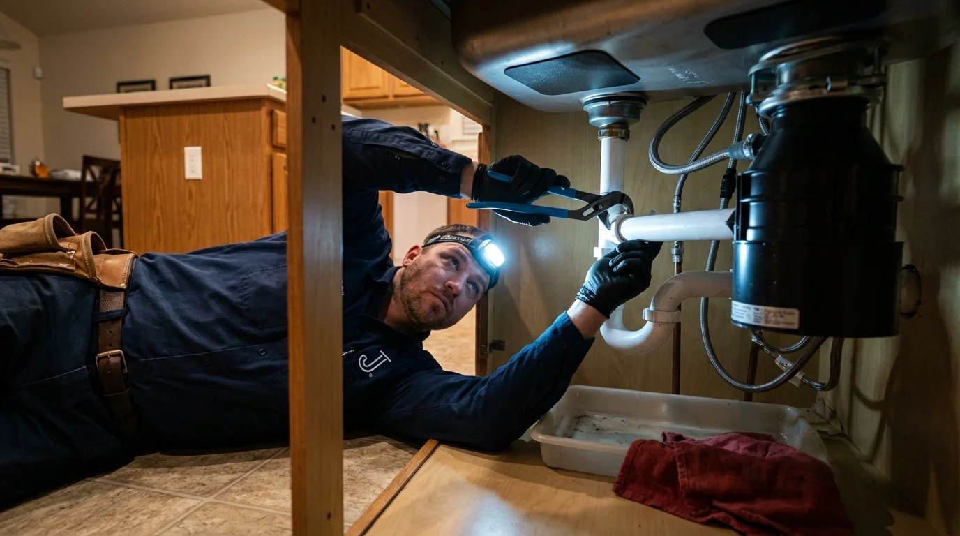 P-trap and supply line connections under a kitchen sink showing a common leak point in Heber Springs, AR